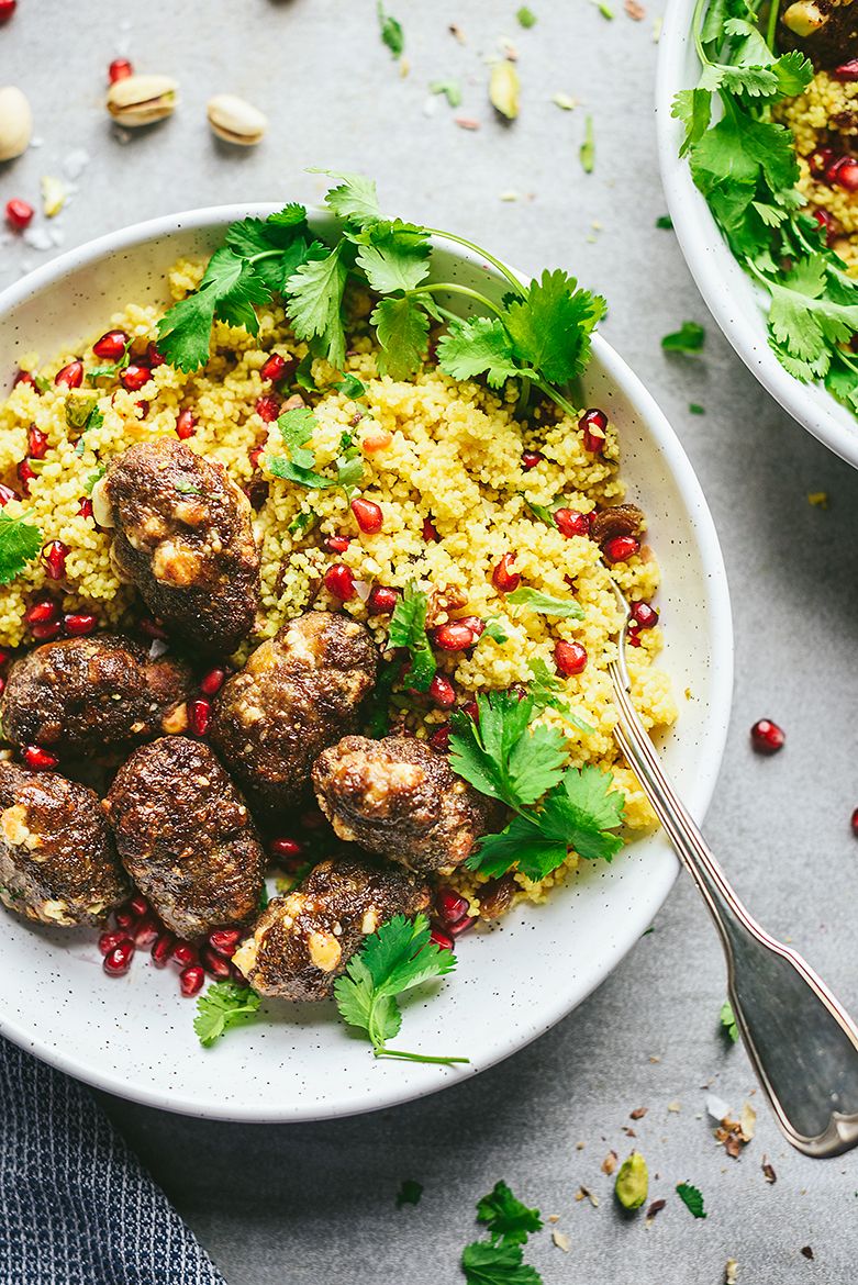 Jewelled couscous topped with beef and feta köfte
