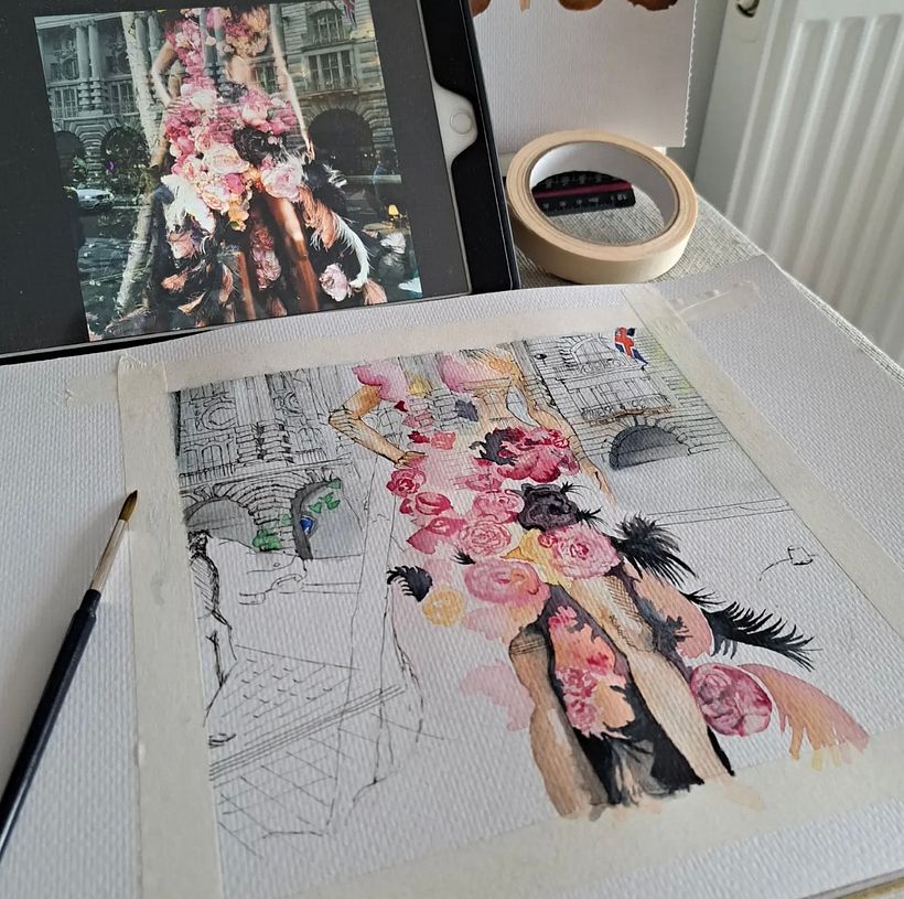Part of the building and the mannequin in the window completed in watercolour, adding darker shades as I go.