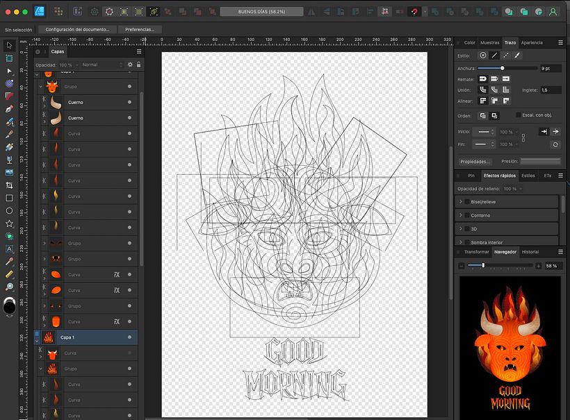 Un pantallazo del archivo abierto en el programa y con el modo de vista de contornos.