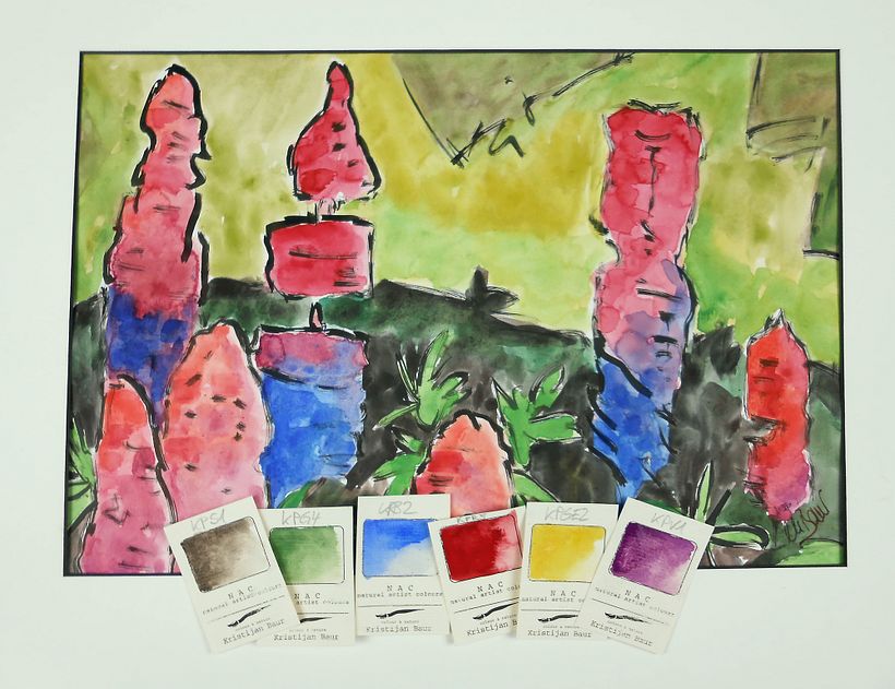 Expressionistisches Lupinenbeet mit eigenst hergestellten Aquarellfarben