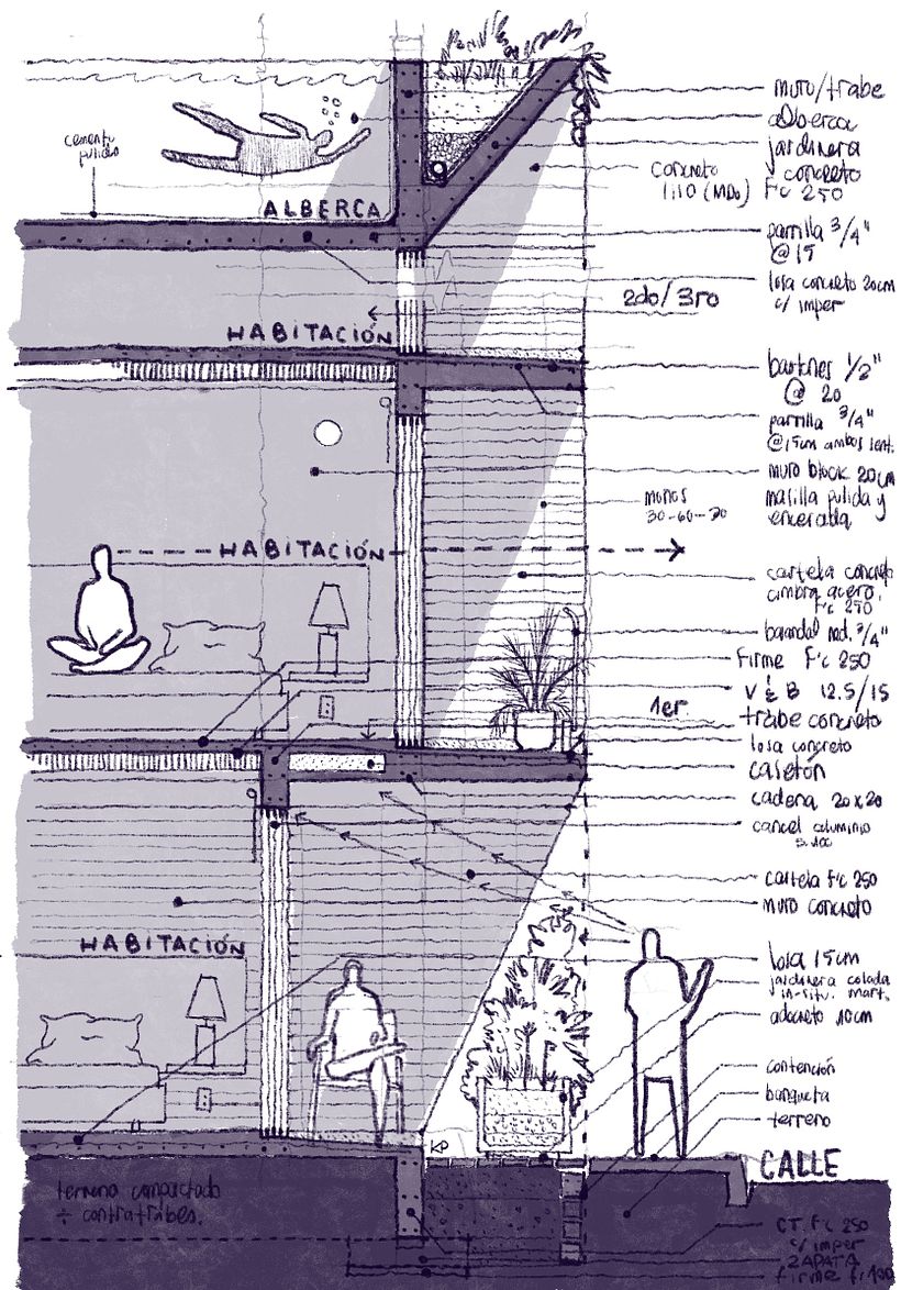 Corte por fachada de Sirena II, proyecto de vivienda multifamiliar