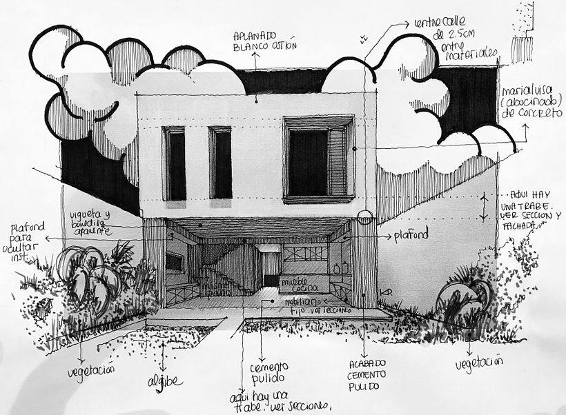 Dibujo sobre render para una Vivienda Unifamiliar 