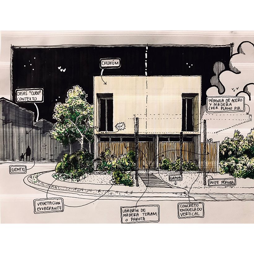 Dibujo sobre render para una Vivienda Unifamiliar 