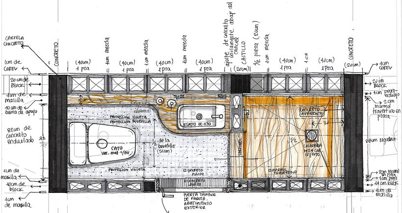 El baño en planta con los elementos constructivos
