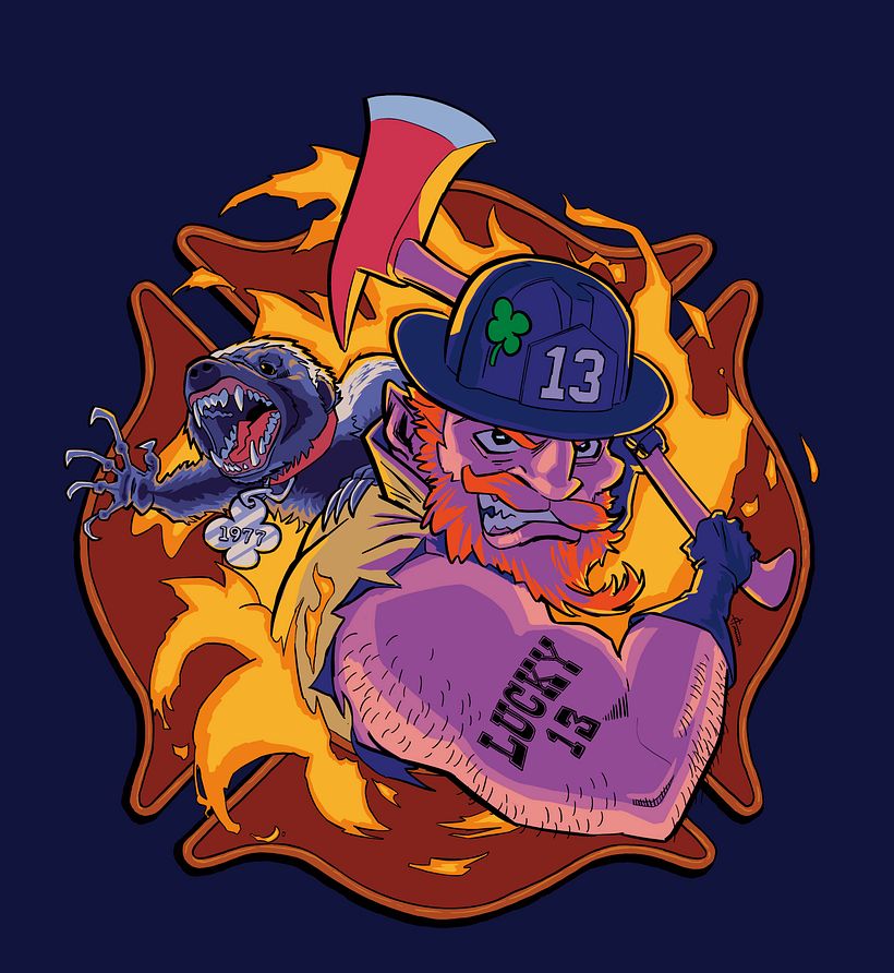 I commissioned to make a t-shirt design involving a Leprechaun firefighter and a honeybadger.