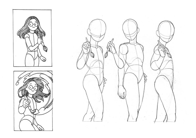 Boceté dos composiciones para el proyecto y 3 figuras con distinta rotación. Decidí dibujar la segunda composición dinámica.