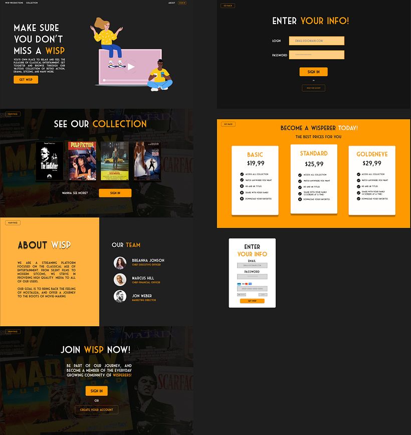 Meu projeto: Website WISP. Uma plataforma de streaming focada em filmes vintage. Espero que gostem :) // https://www.figma.com/proto/ko2J8o867J6Brw23javVW3/Wisp-website?page-id=9%3A20&node-id=13-470&viewport=215%2C243%2C0.15&scaling=scale-down-width&start 2