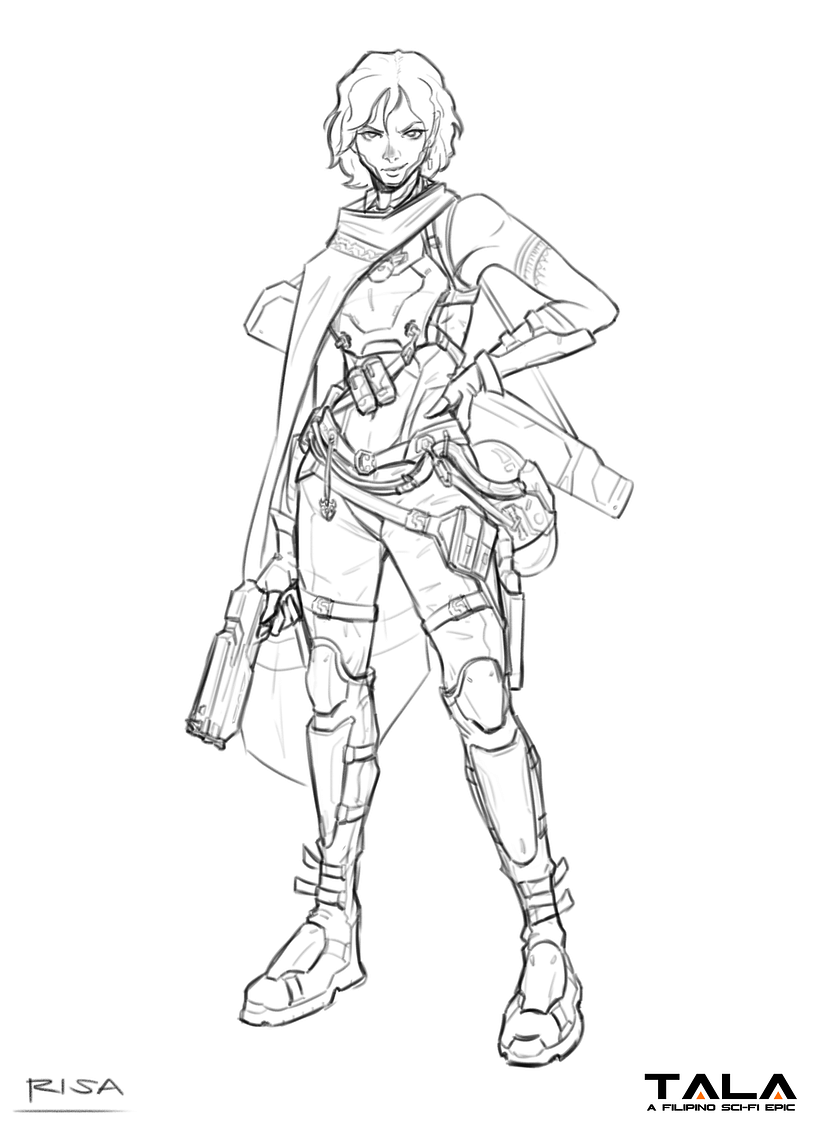 Phase 2: Line work - I wanted to convey that she knows how to use tech. I also added a few tiny Filipino inspired details