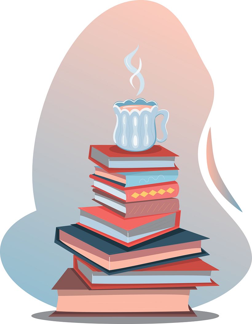  A stack of books with a cup of a hot drink on the top