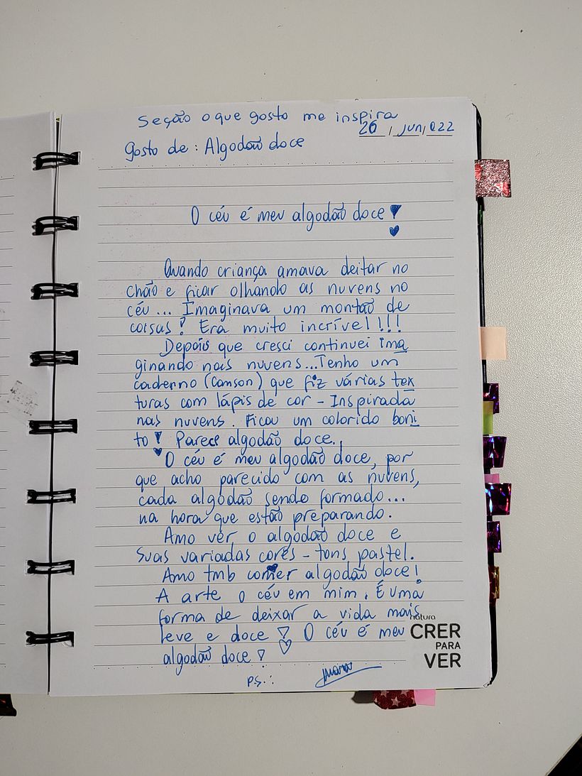 MarArtesOficial - O que eu gosto, me inspira. Amo algodão doce! Então, fiz uma escrita com gostinho adocicado.