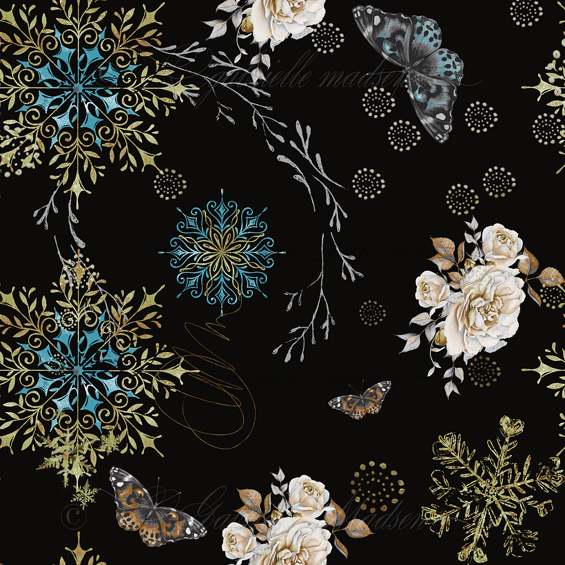 Winter Butterfly Digital Pattern Illustration on Black