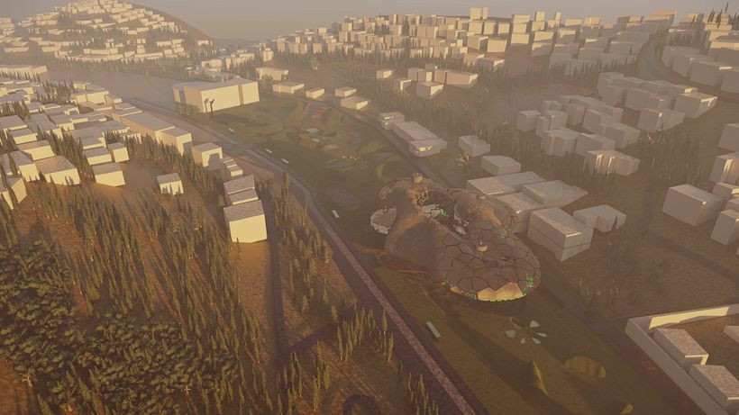 overall render of project with materials and location ( Ariel Front )