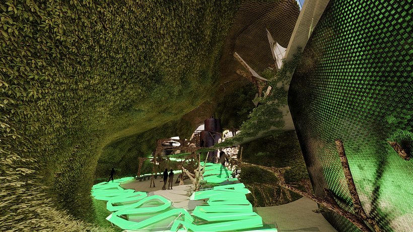 Hallways with algae lit flooring. Designed in an Organic growth form  