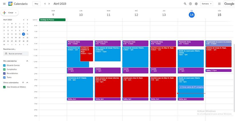 Calendar con organización diaria
