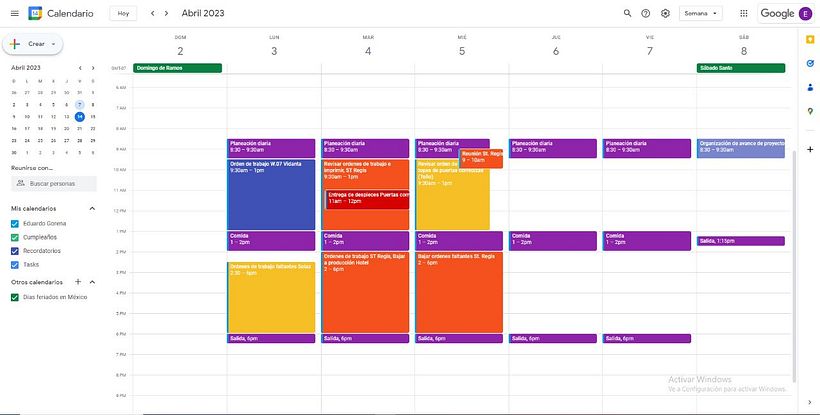 Calendar con organización diaria