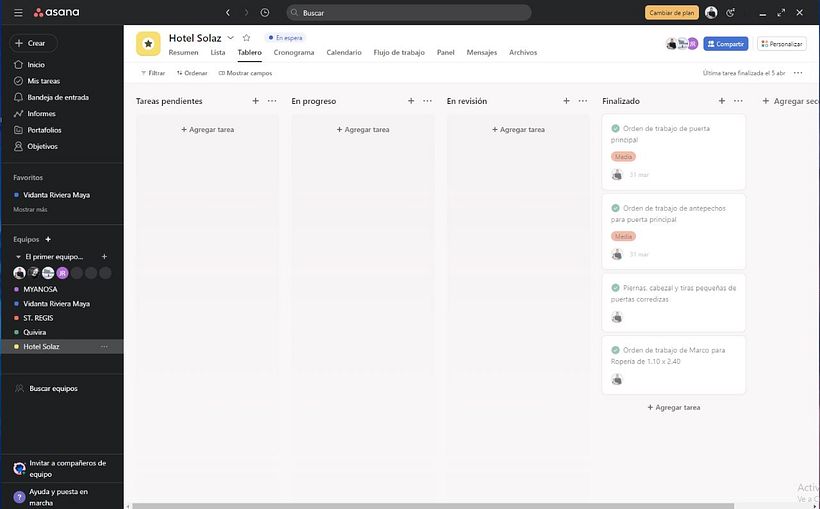 Asana, realización de proyectos en proceso