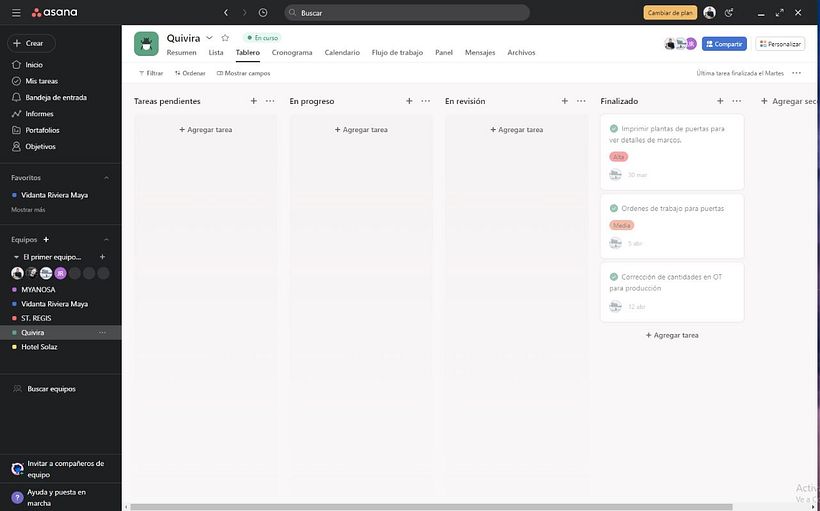 Asana, realización de proyectos en proceso