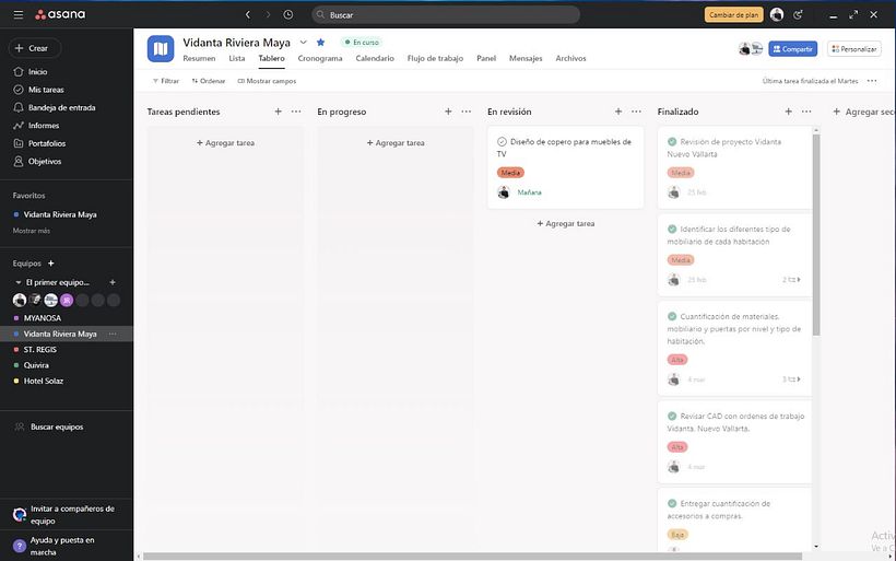 Asana, realización de proyectos en proceso