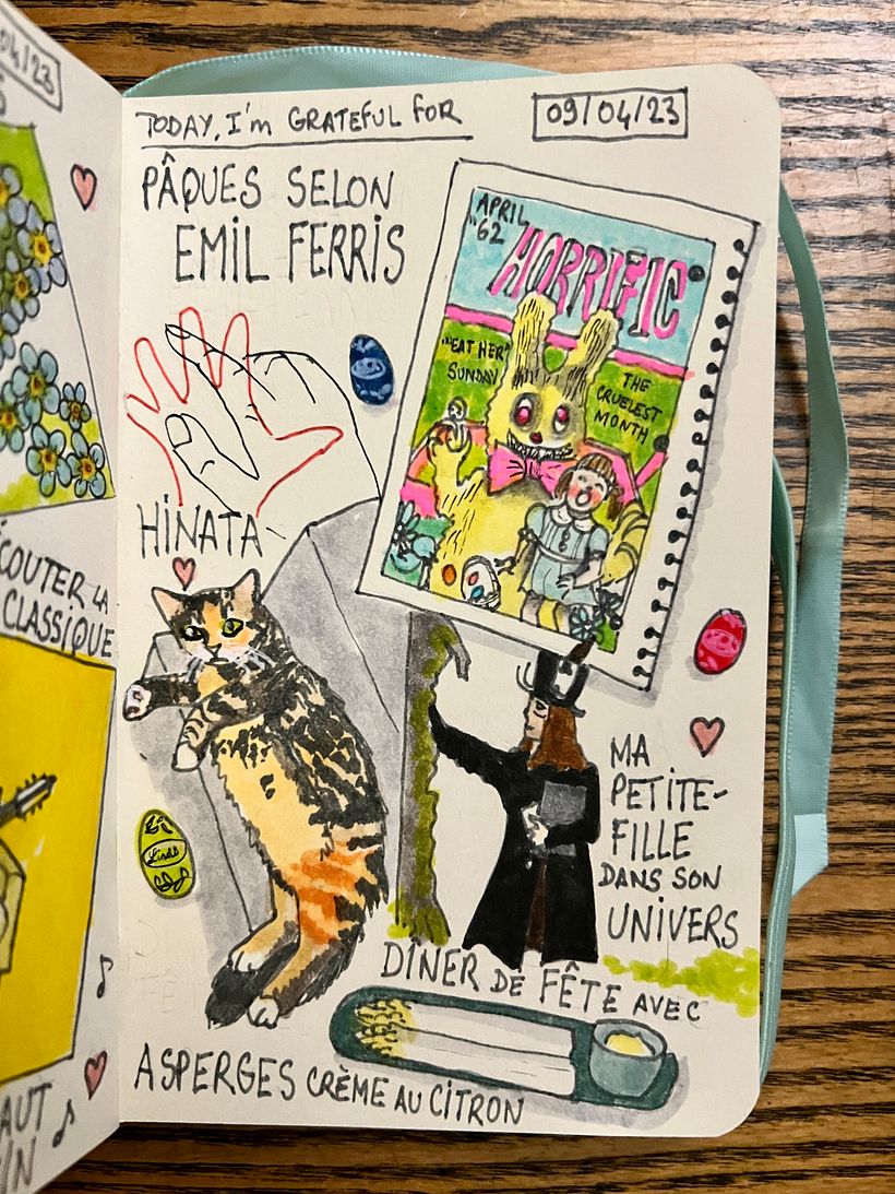 For Easter, I made asparagus with lemon cream, drew Emil Ferris illustration, saw photos of my grand-daighter celebrating