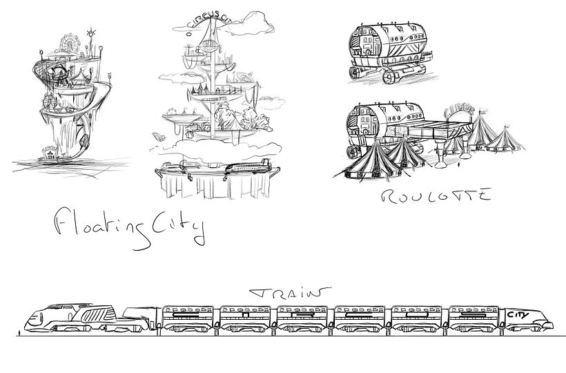Tren Circo Ciudad: Mi proyecto del curso: Concept art para animación: diseña entornos mágicos - Ilustración tradicional