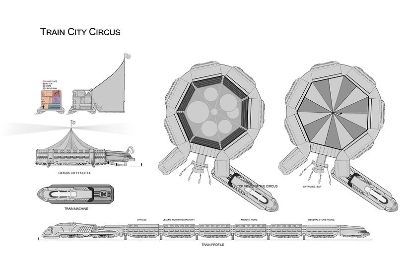 Tren Circo Ciudad: Mi proyecto del curso: Concept art para animación: diseña entornos mágicos - Ilustración tradicional