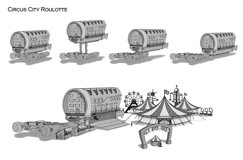 Tren Circo Ciudad: Mi proyecto del curso: Concept art para animación: diseña entornos mágicos - Ilustración tradicional