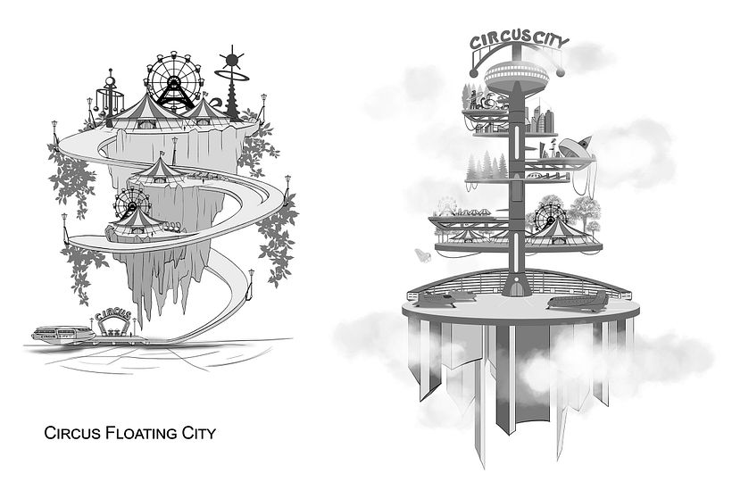 Tren Circo Ciudad: Mi proyecto del curso: Concept art para animación: diseña entornos mágicos - Ilustración tradicional