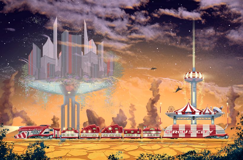 Tren Circo Ciudad: Mi proyecto del curso: Concept art para animación: diseña entornos mágicos - Ilustración tradicional