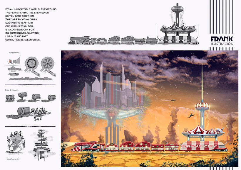 Tren Circo Ciudad: Mi proyecto del curso: Concept art para animación: diseña entornos mágicos - Ilustración tradicional