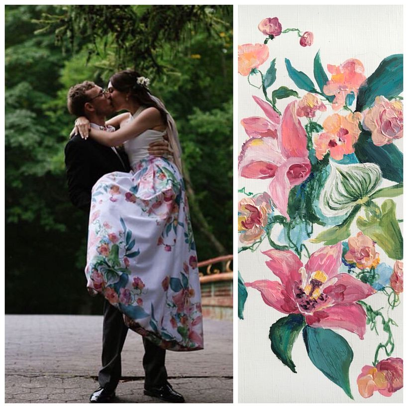 the happy couple and the floral wedding dress