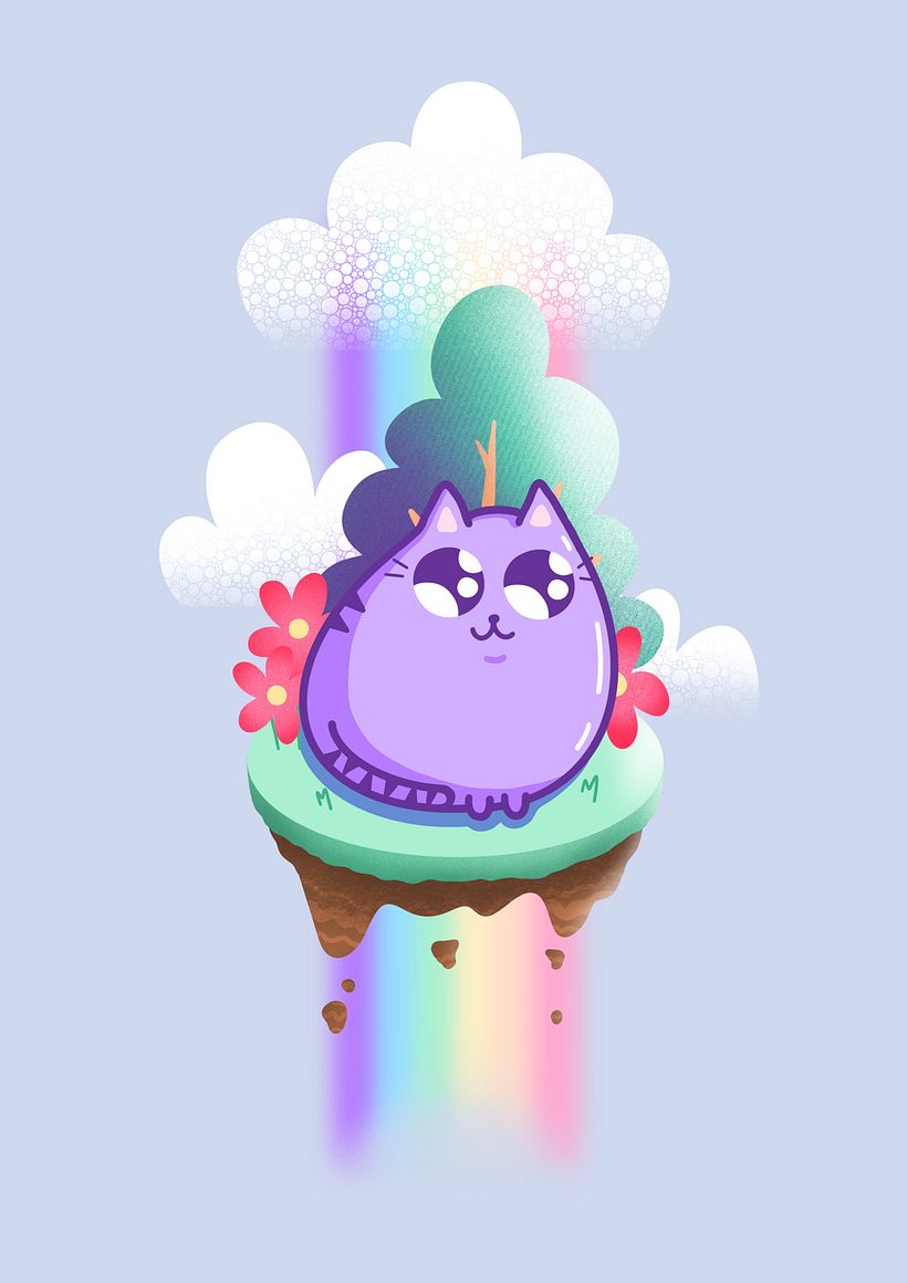 Pusheen Inspired Cat with rainbow and clouds sat on an island