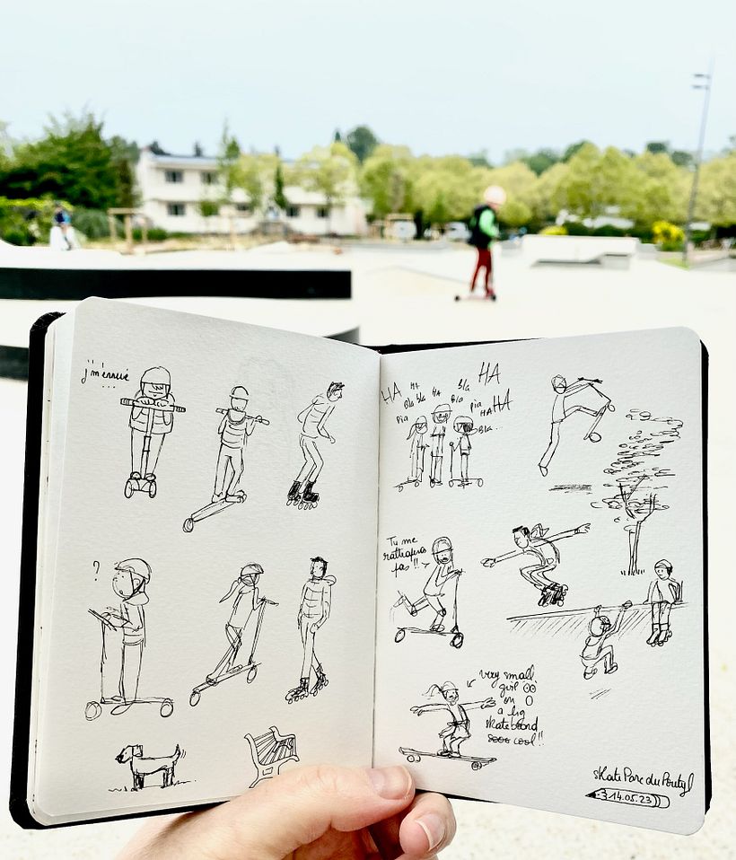 "poses": croquis au skate parc. C'est un exercice très difficile je dois l'avouer ! Peu de monde ce jour là donc à refaire ;)