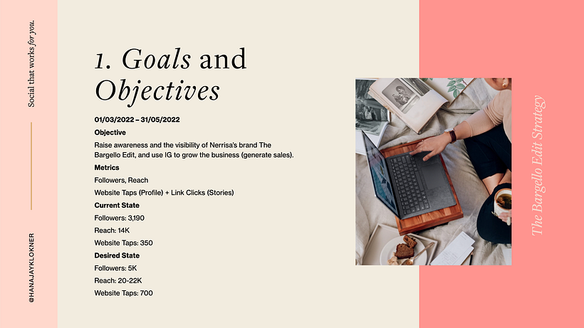 1. We started with setting goals and objectives that would reflect on Nerrisa's business needs.