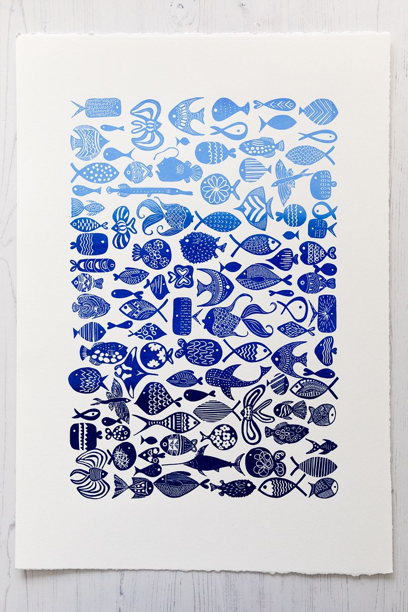 Screenprint of the "105 fishes" block print / Siebdruck des "105 Fische"-Stempeldruck