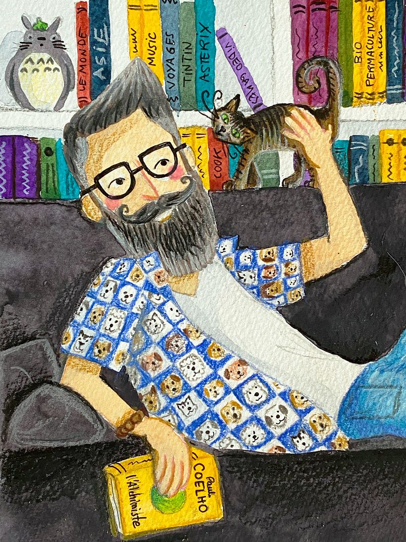 portrait de mon frère, aquarelle et crayons de couleur