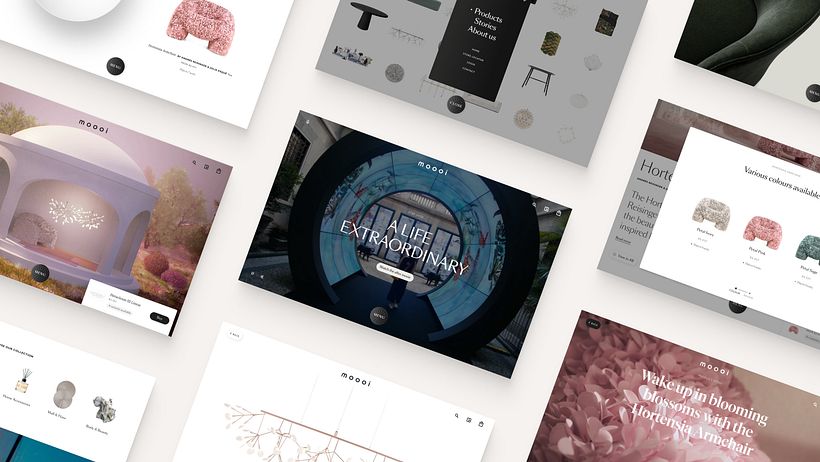 Multiple screens from the website Moooi.com are placed on a beige background.