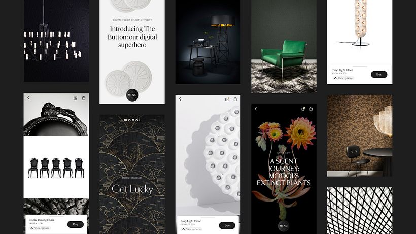 Multiple screens from the mobile site moooi.com are placed on a dark grey background.