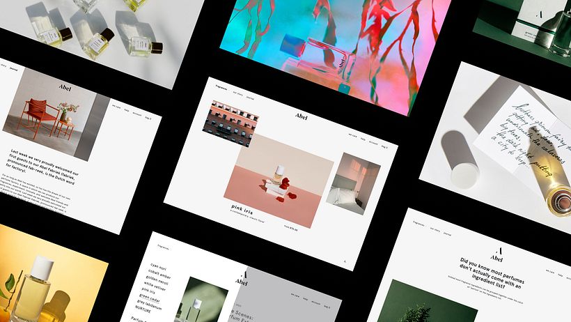 Multiple screens of the website abelodor.com are placed on a black background.