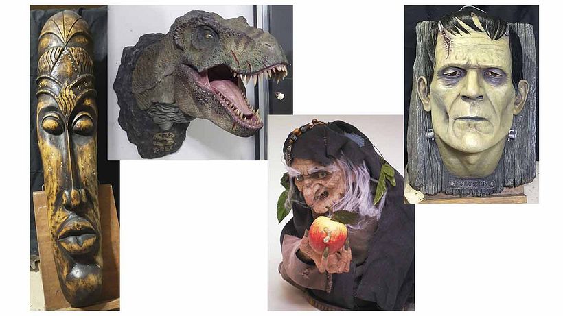 Trabalho: carranca - madeira, busto T-Rex e Frankenstein - resina e fibra de vidro e Bruxa - látex, biscuit e tecido