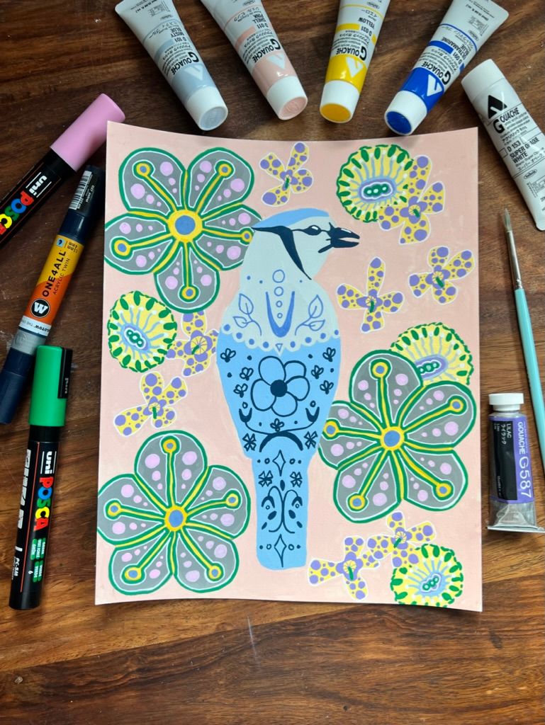 gouache and paint marker. The flowers are developed from sketches made at a local greenhouse.