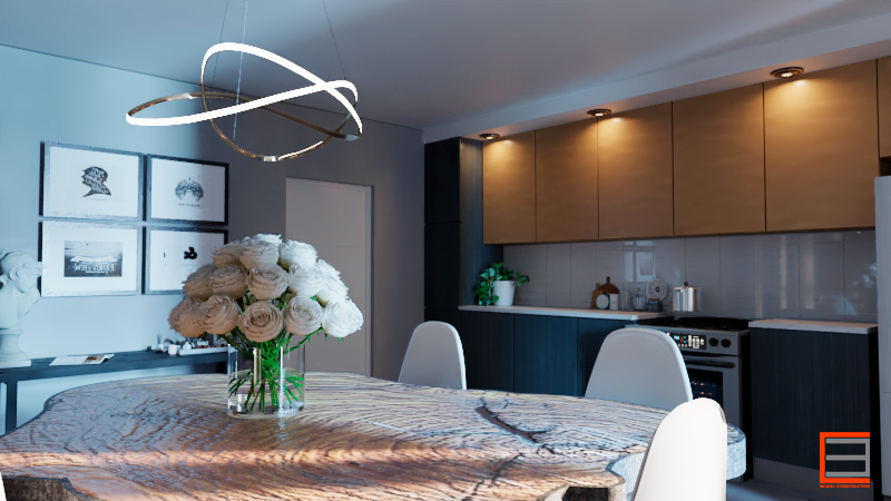 Cocina tipo C. Es una cocina integrada con el comedor de la residencia, sin isla central. 