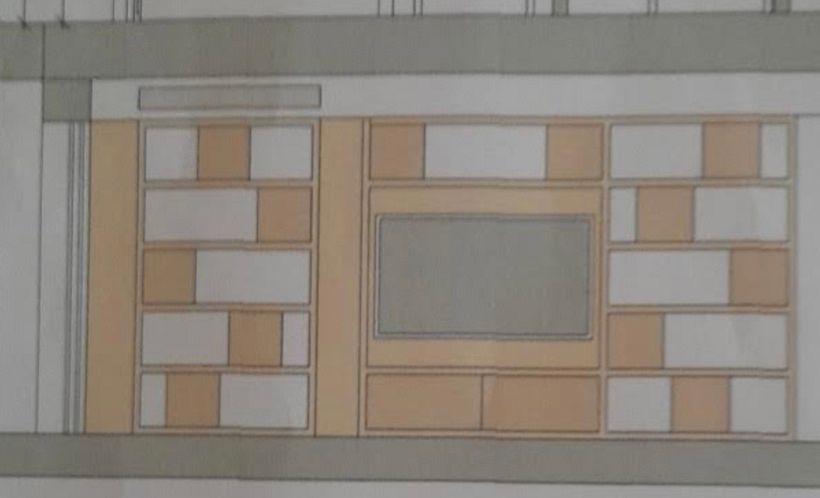 Capa 1. Salón. Detalle mueble separador salón-entrada. Zones blancas abiertas para paso luz a la entrada