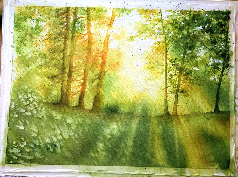 Primera de las fotos (se me olvidó fotografiar los pasos previos, perdón): efectos de luz y primeros árboles de fondo