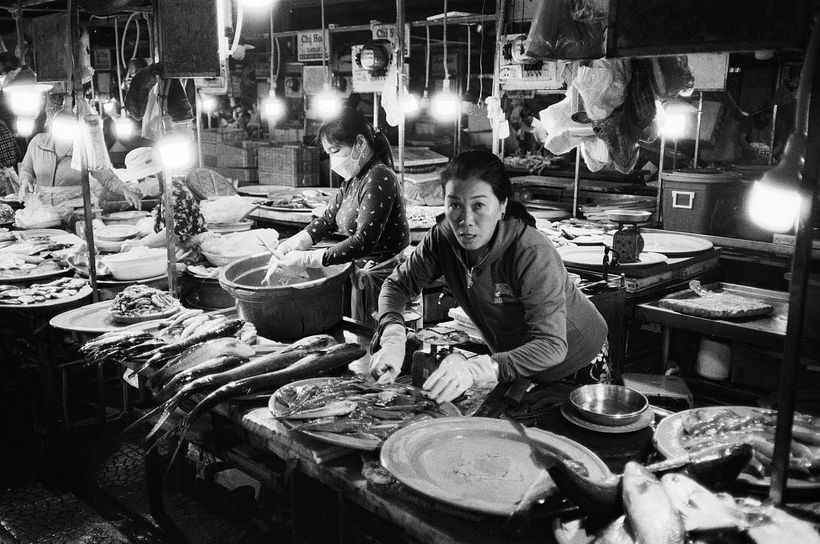 Los pescaderos del mercado de Bac My An instalan sus puestos a primeras horas de la mañana.