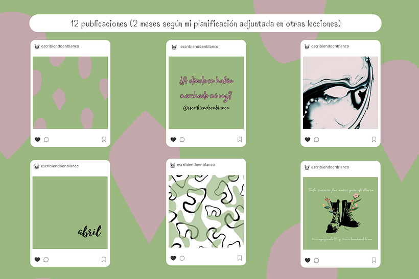 Ejemplo del feed de abril: foto del calendario, textura, mes, imagen de conexión con el mes próximo, frase y estampado.