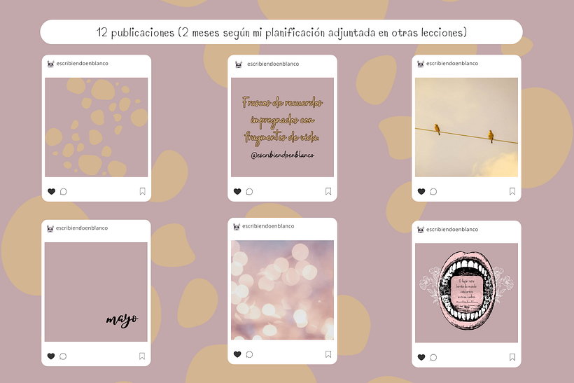 Ejemplo del feed de mayo: foto del calendario, textura, mes, imagen de conexión con el mes próximo, frase y estampado