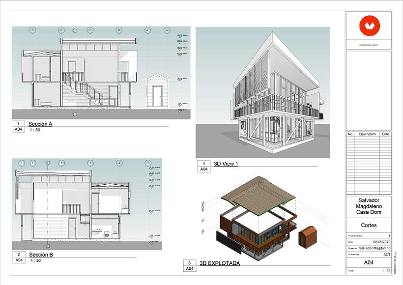 Cortes, Perspectiva e Isométrico del Proyecto DOM