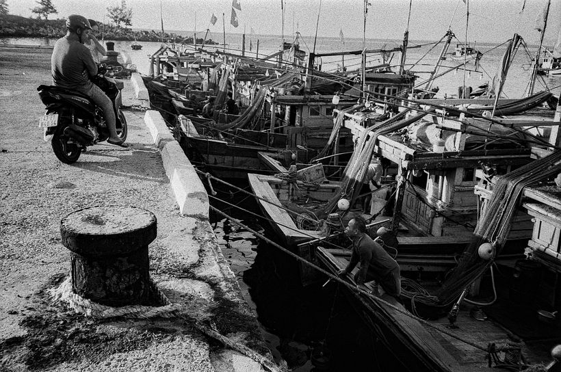 Después de salir del puerto pesquero, los barcos quedan amarrados a sotavento de la península de Son Tra.