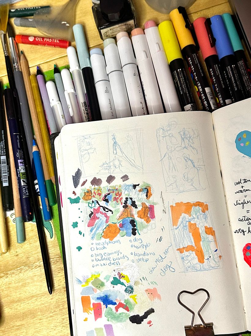 Colour tests and composition sketches. Purple got kicked out of the palette.