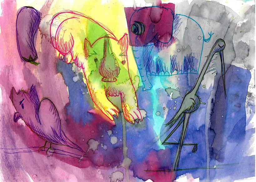 I drew animals on my son's painting (3,5 year old, he was just playing with paints)